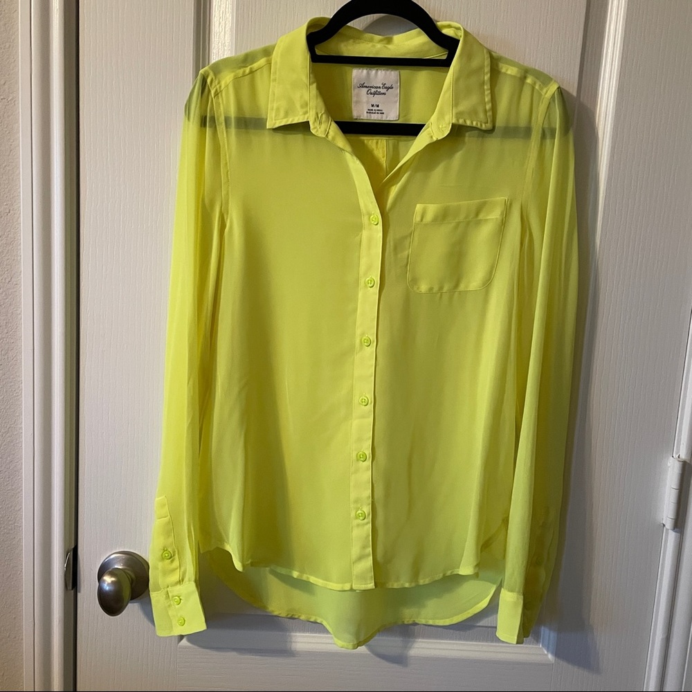 American Eagle Outfitters neon yellow button down sheer long sleeve shirt size M